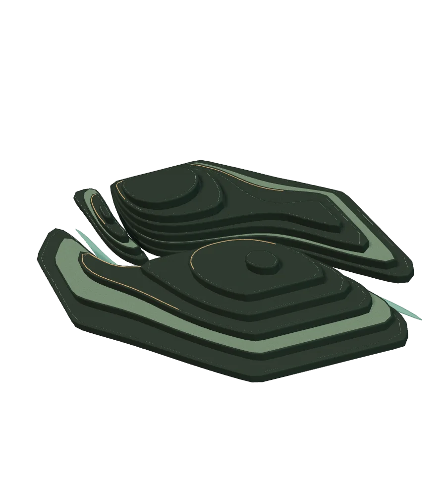 An abstract dark ceramic landscape: six topographic strata, a winding valley and fine copper paths.