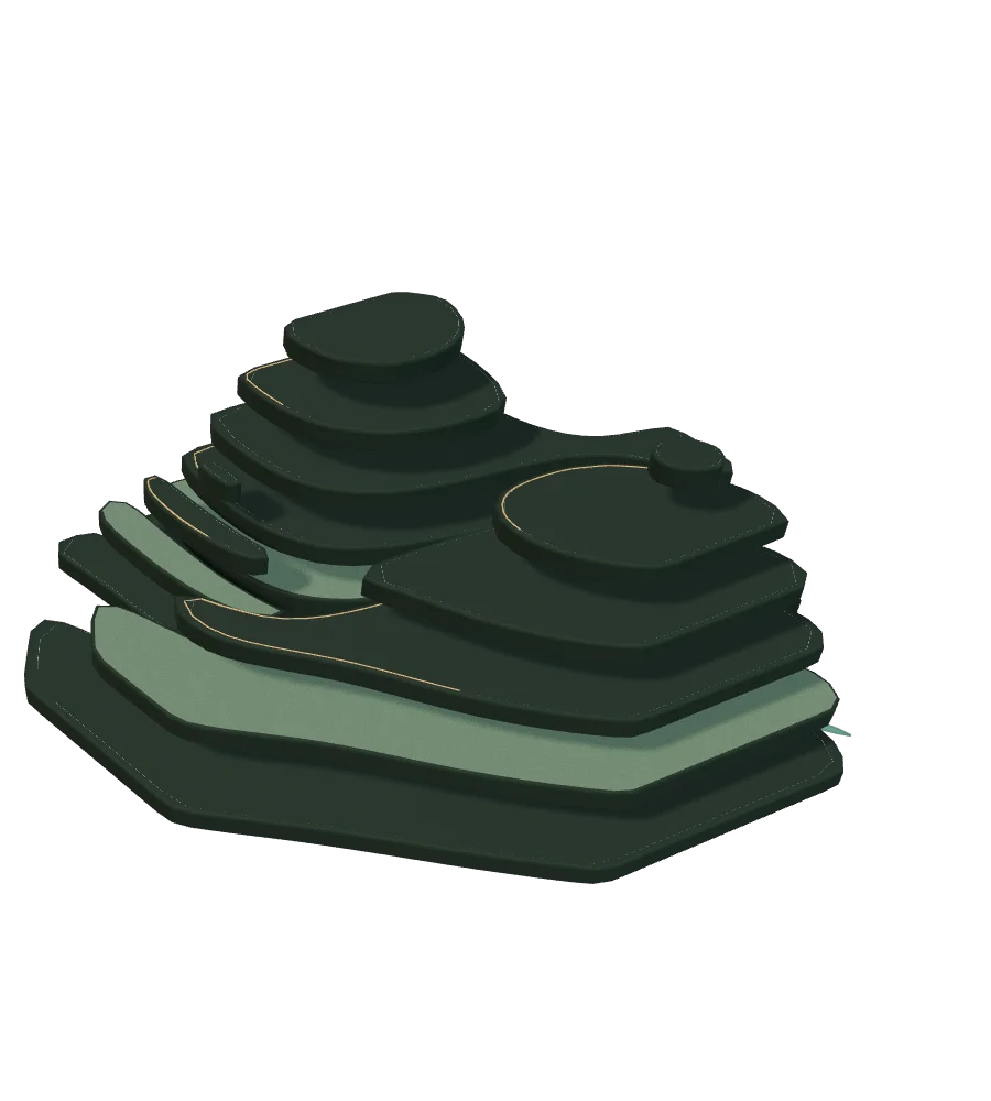 An abstract dark ceramic landscape: six topographic strata, a winding valley and fine copper paths.
