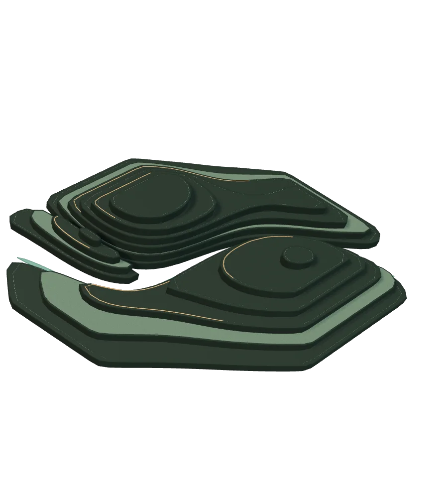 An abstract dark ceramic landscape: six topographic strata, a winding valley and fine copper paths.
